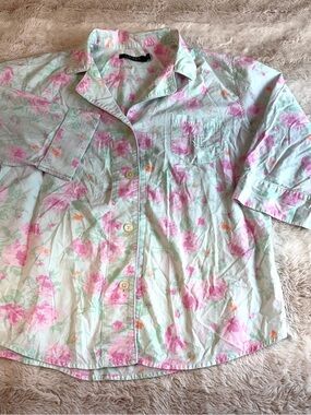 Ralph Lauren Pastel Floral Button-Up Pajama Top in Mint and Pink cotton Large